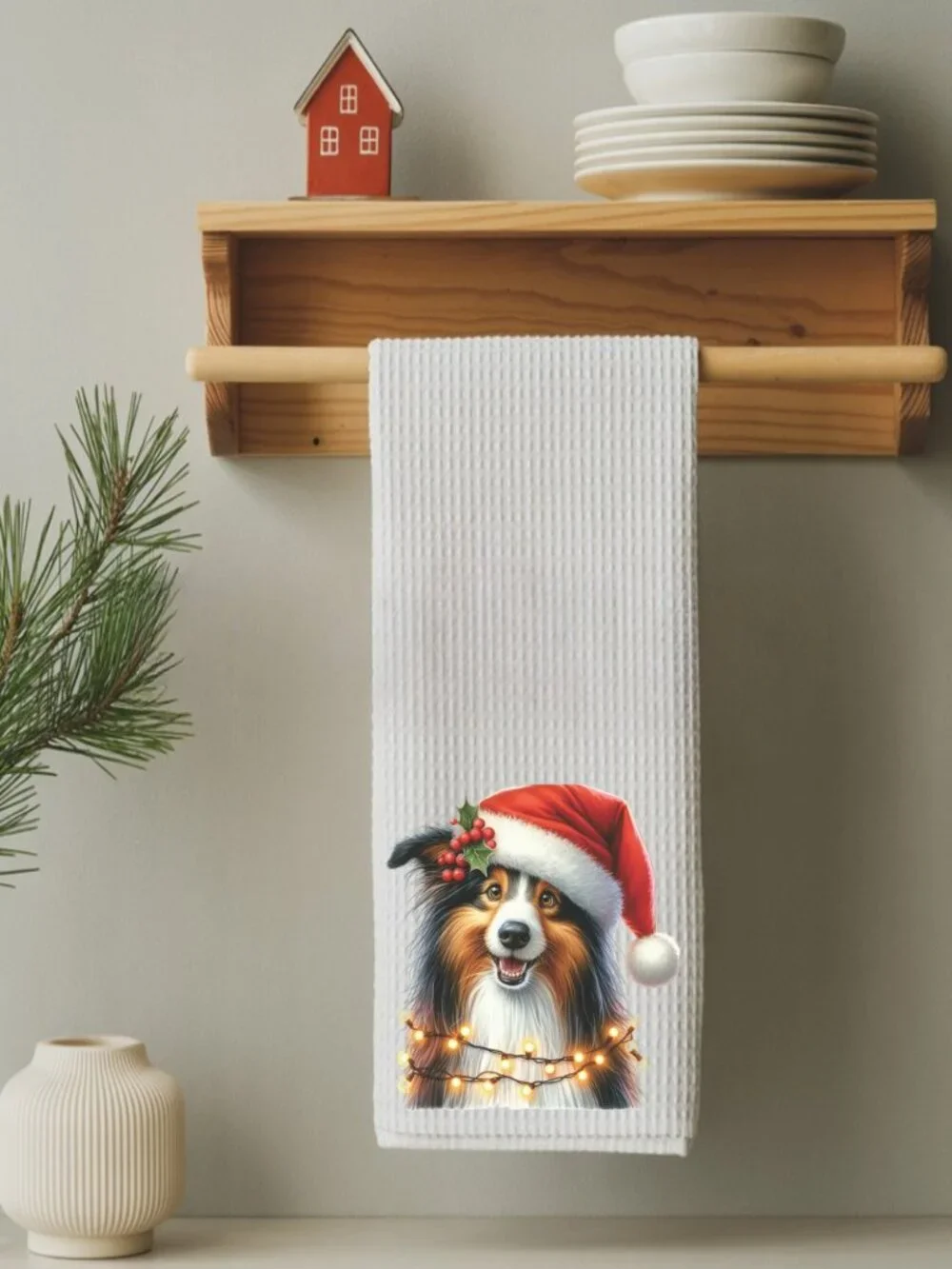 Shetland Sheepdog Christmas Lights Decorative Kitchen Tea Towel